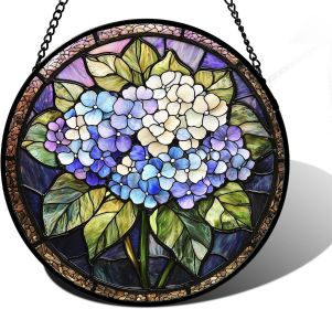 Stained Glass Window Hanging, Hydrangea Flowers Sun Catchers Diamond Glass Panel Hangings Plant Suncatcher Decor for Birthday for Women, Men, Wif