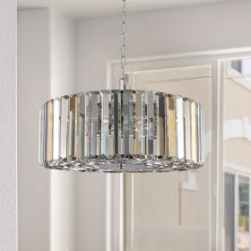 17" Chrome Crystal Pendant Chandelier, Modern Hanging Light Fixture with Adjustable Height, 4-Light E26 Base for Living Room, Dining Room