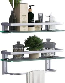 Glass Bathroom Shelf 15.7in Bathroom Shelf Wall Mounted Floating Glass Shelves with Towel Holder Glass Shower Shelf 2 Tier (Color: Silver)