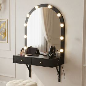 Floating Wall Mounted Makeup Vanity Desk with LED Mirror 3 Color Lights, Compact Dressing Table with Power Outlet & USB Charging (Color: Black)